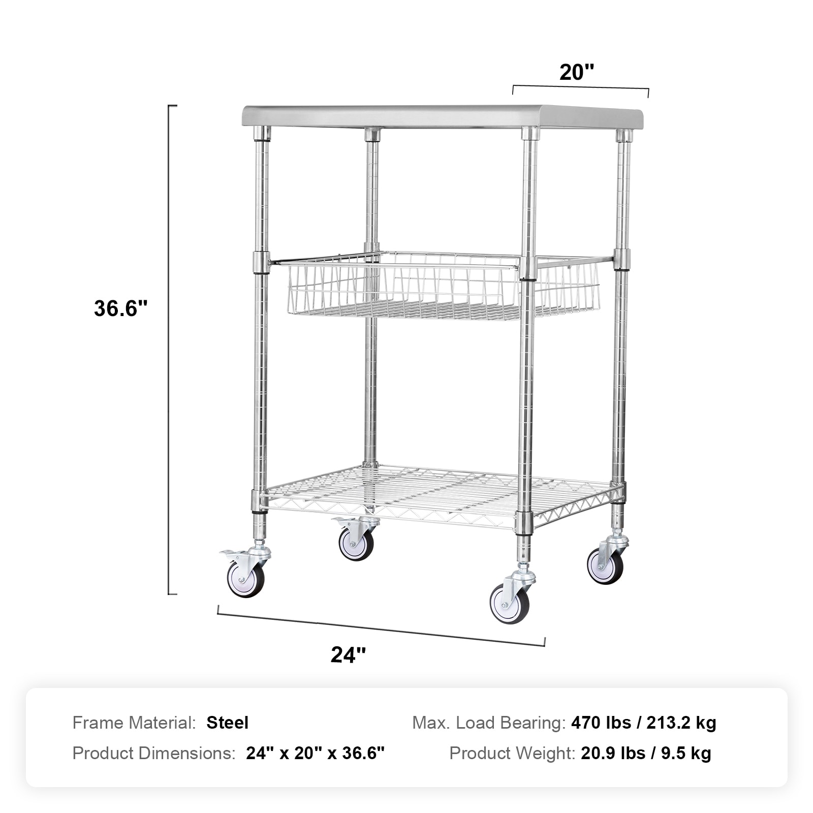 3-tier Rolling Utility Cart With 6 Hooks For Kitchen Storage_voghion.com
